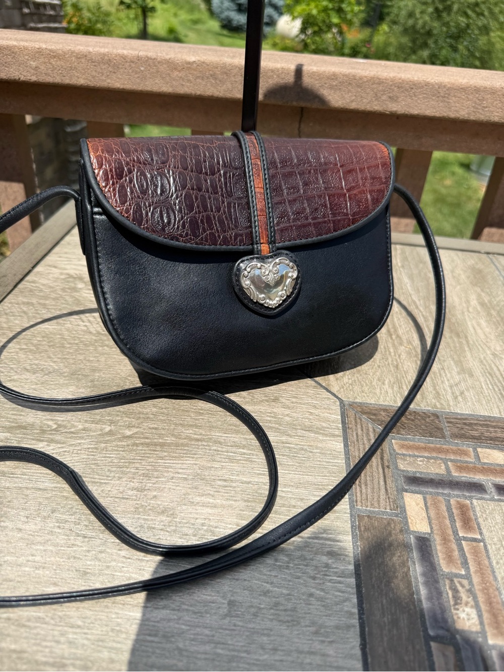 Brighton Black Crossbody with Brown Croc-Texture Flap and Heart Medallion - Picture 2 of 9